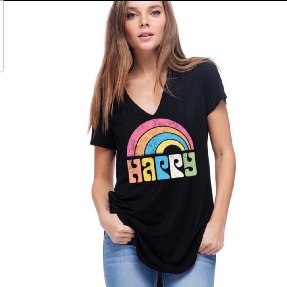 V Neck Graphic T-shirt HAPPY with a Rainbow NWOT Size Small